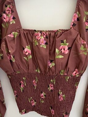 Women's Floral Smocked Crop Top - Mauve with Pink Flowers